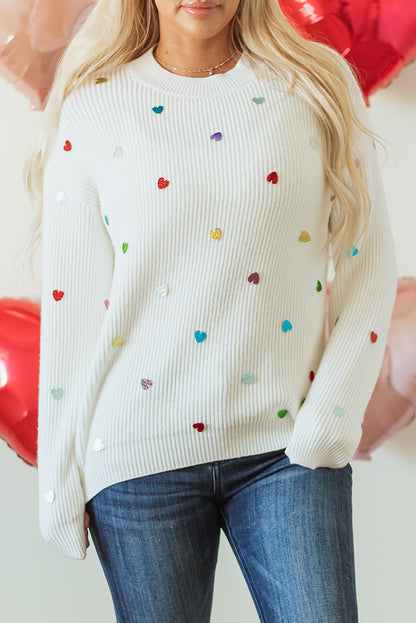 Beige Sequin Heart Shape Waffle Knit Round Neck Sweater