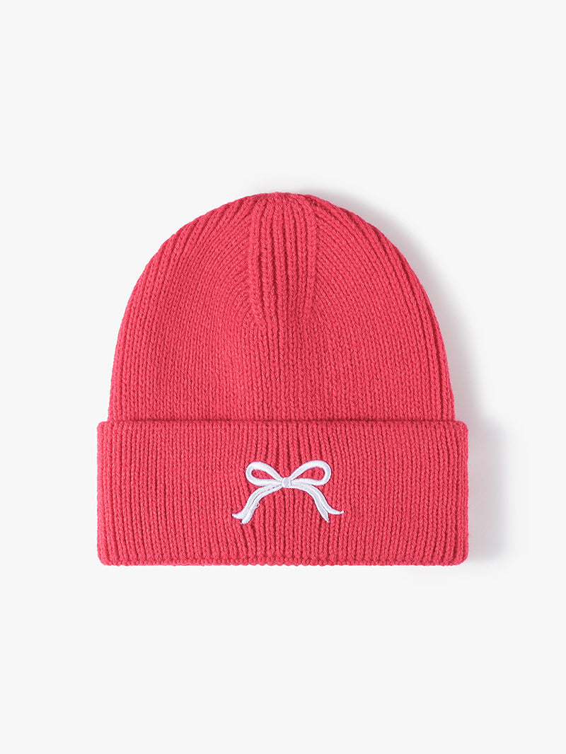 Embroidered Bow Knit Beanie Hat