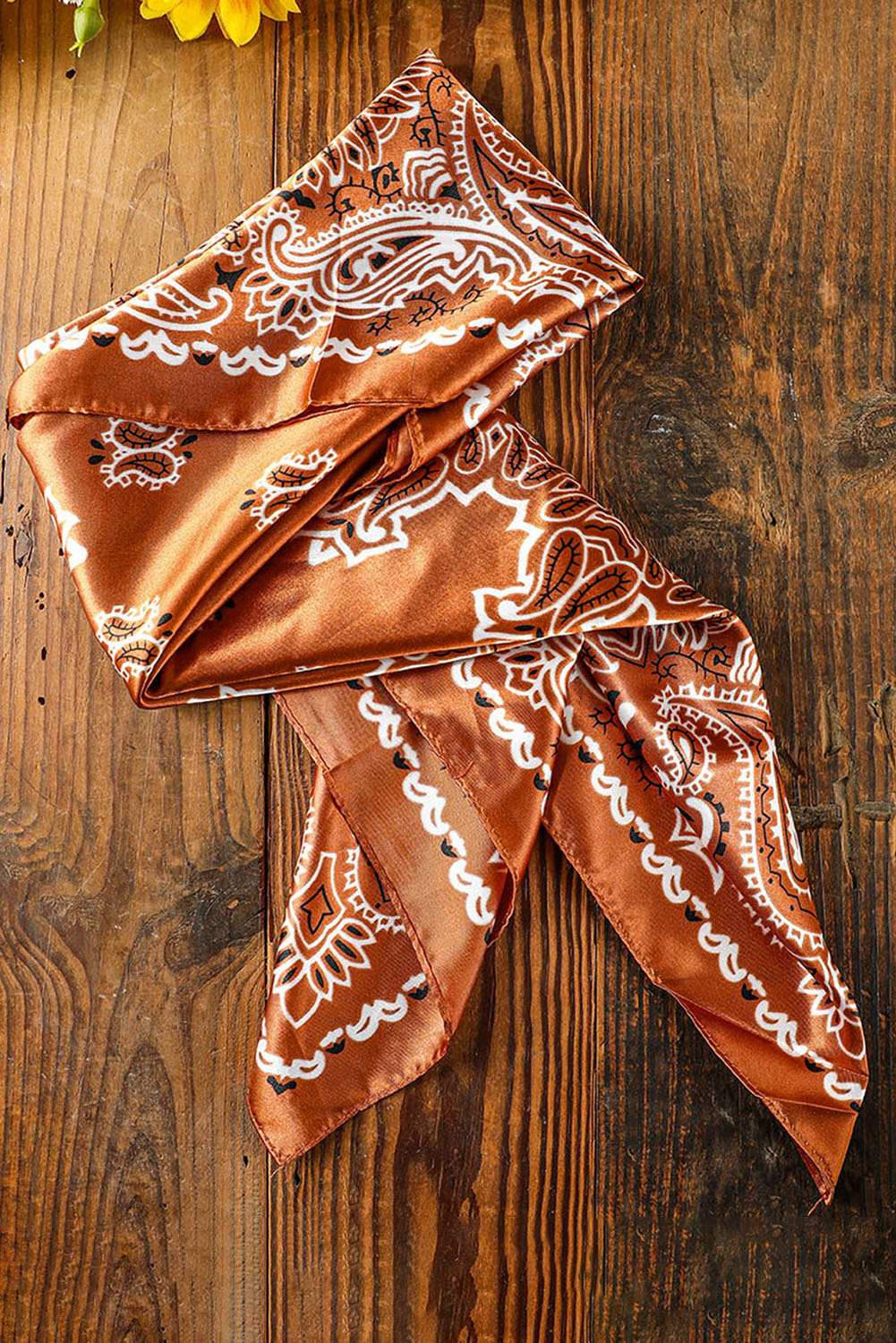 Gold Flame Vintage Fashion Satin Paisley Flower Prints Square Scarf