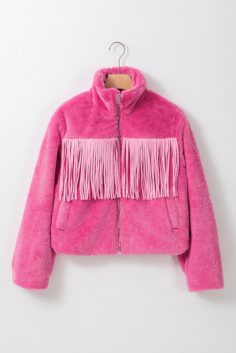 Fringed Zip Up Fleece Jacket