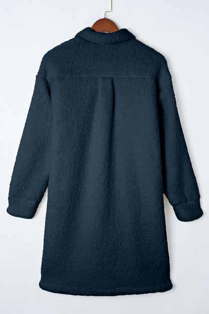 Blue Contrast Flap Pocket Single Breasted Teddy Coat/Jacket