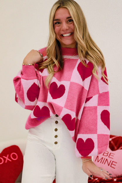 Pink Love Heart Checkered Valentine Crew Neck Sweater