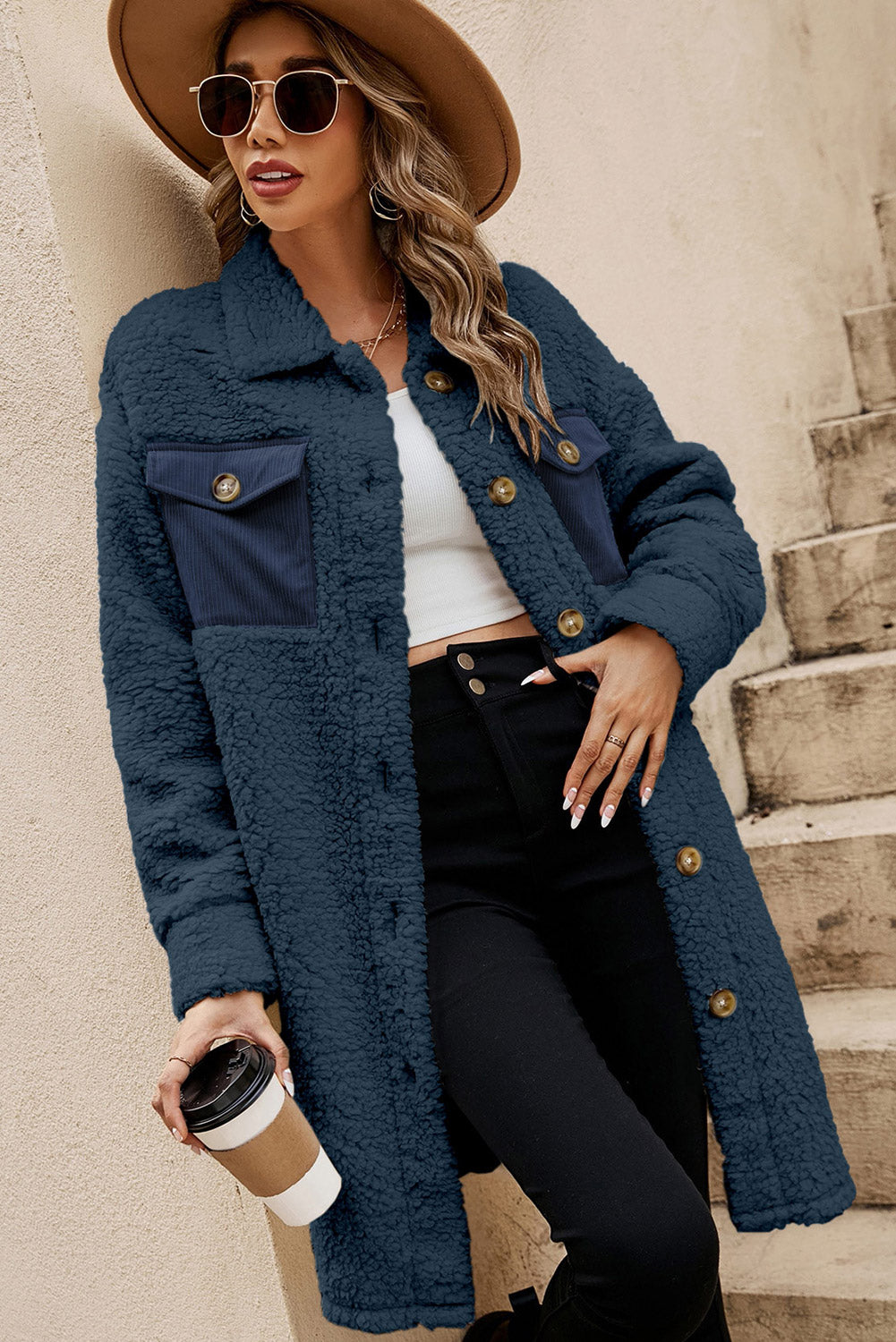 Blue Contrast Flap Pocket Single Breasted Teddy Coat/Jacket