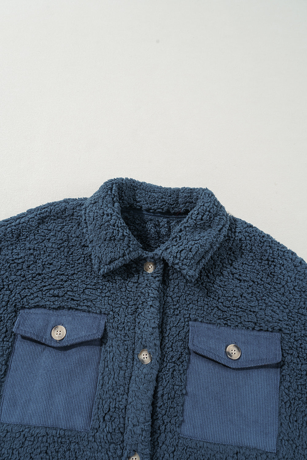 Blue Contrast Flap Pocket Single Breasted Teddy Coat/Jacket