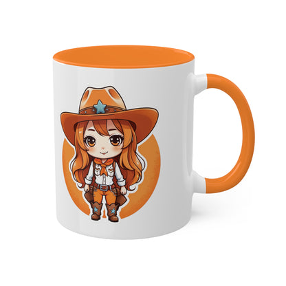 Chibi Anime Cowgirl Sheriff Western Colorful Ceramic Coffee Mugs, 11oz