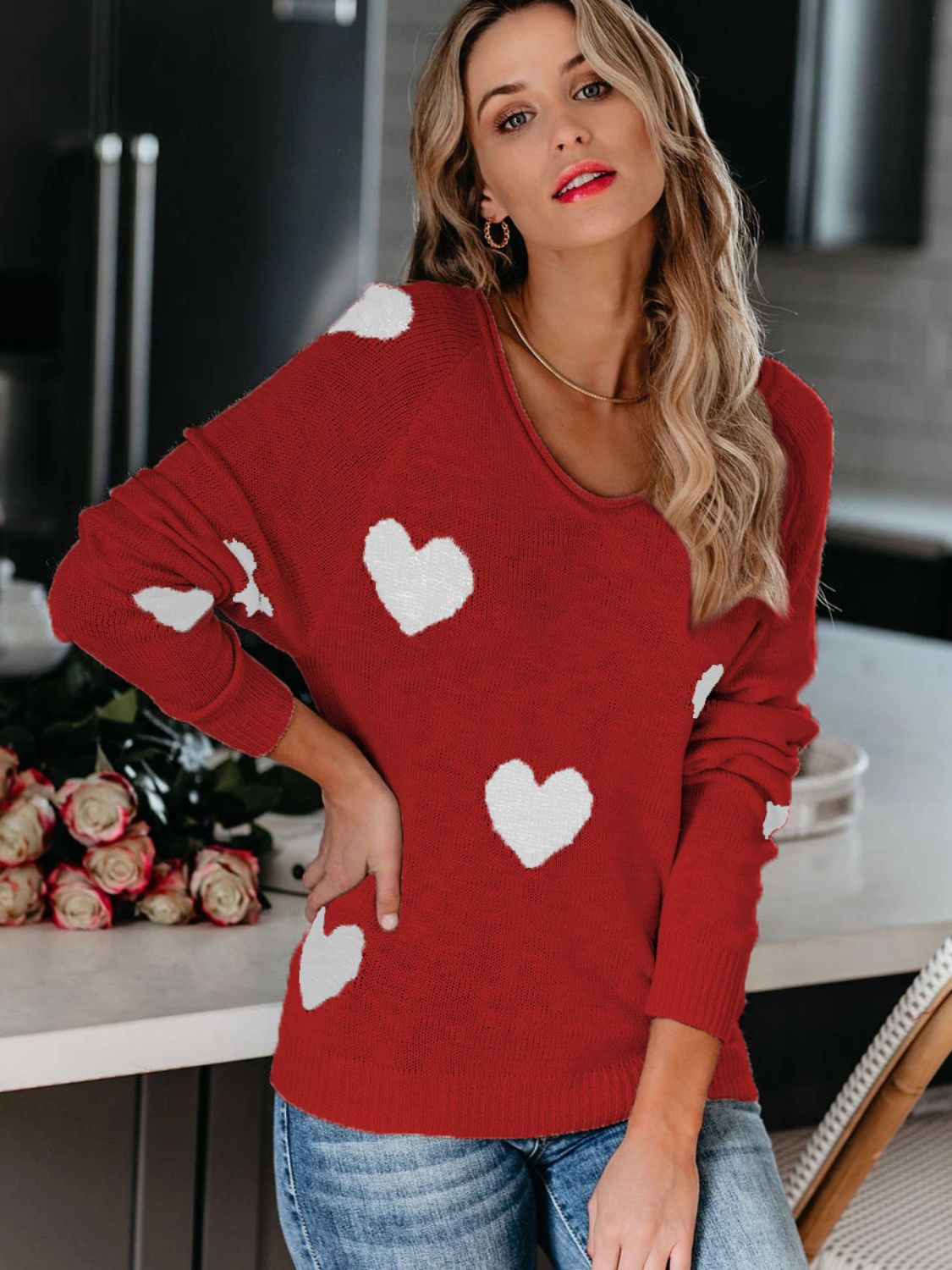 Heart Scoop Neck Long Sleeve Sweater