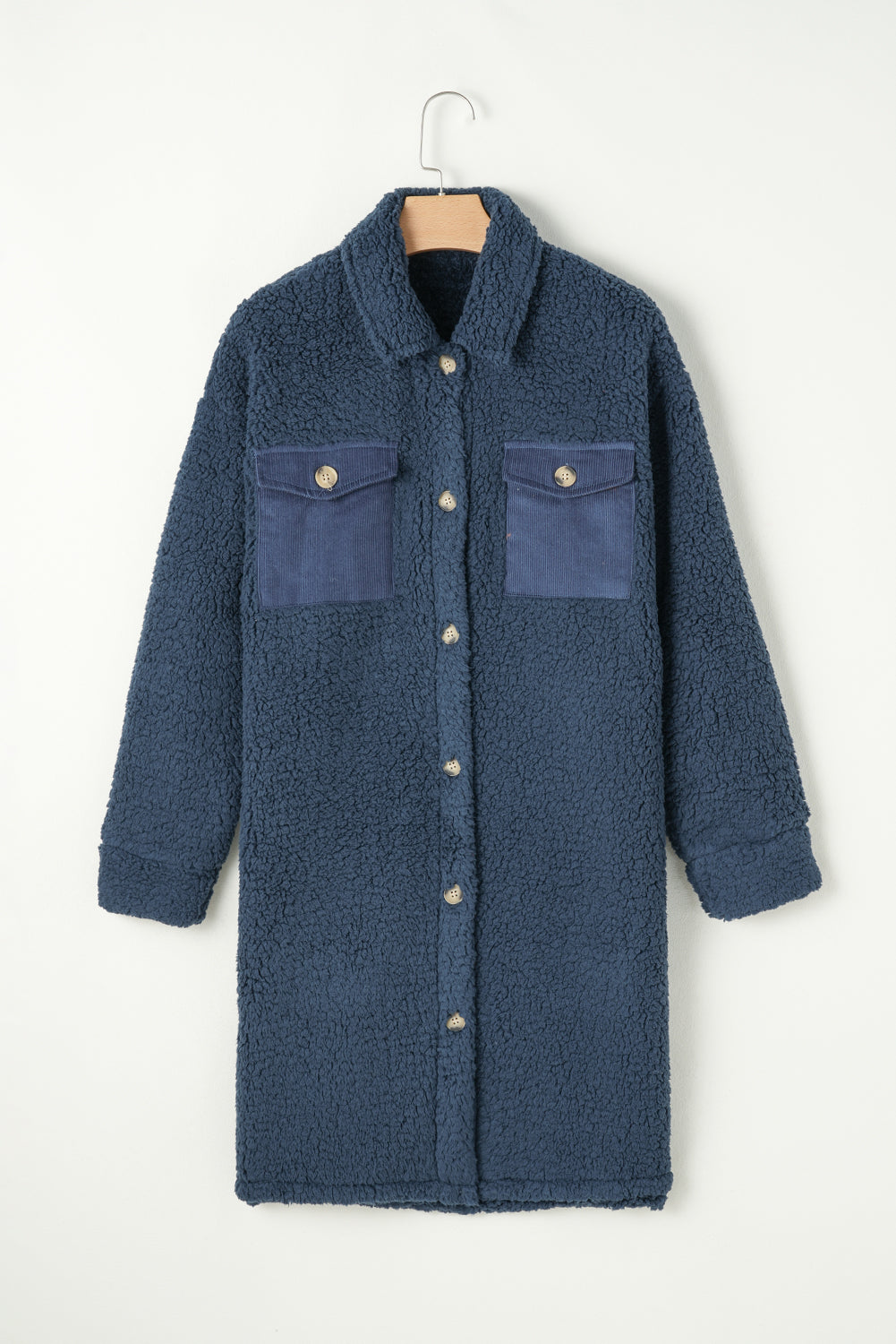 Blue Contrast Flap Pocket Single Breasted Teddy Coat/Jacket