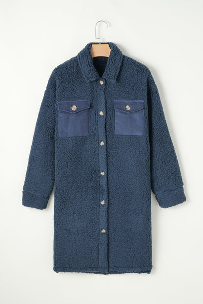 Blue Contrast Flap Pocket Single Breasted Teddy Coat/Jacket