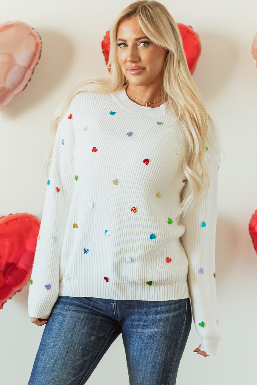 Beige Sequin Heart Shape Waffle Knit Round Neck Sweater