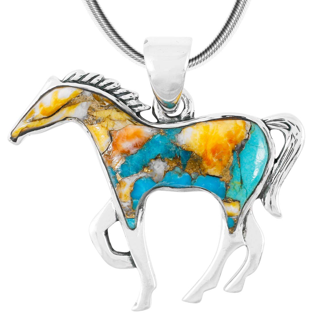 Horse Necklace Sterling Silver Genuine Turquoise & Gemstones with 20" Chain