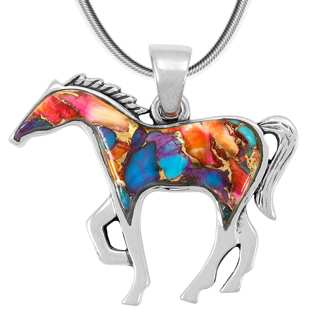 Horse Necklace Sterling Silver Genuine Turquoise & Gemstones with 20" Chain