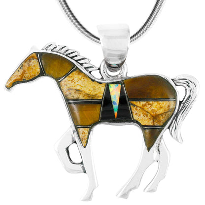 Horse Necklace Sterling Silver Genuine Turquoise & Gemstones with 20" Chain