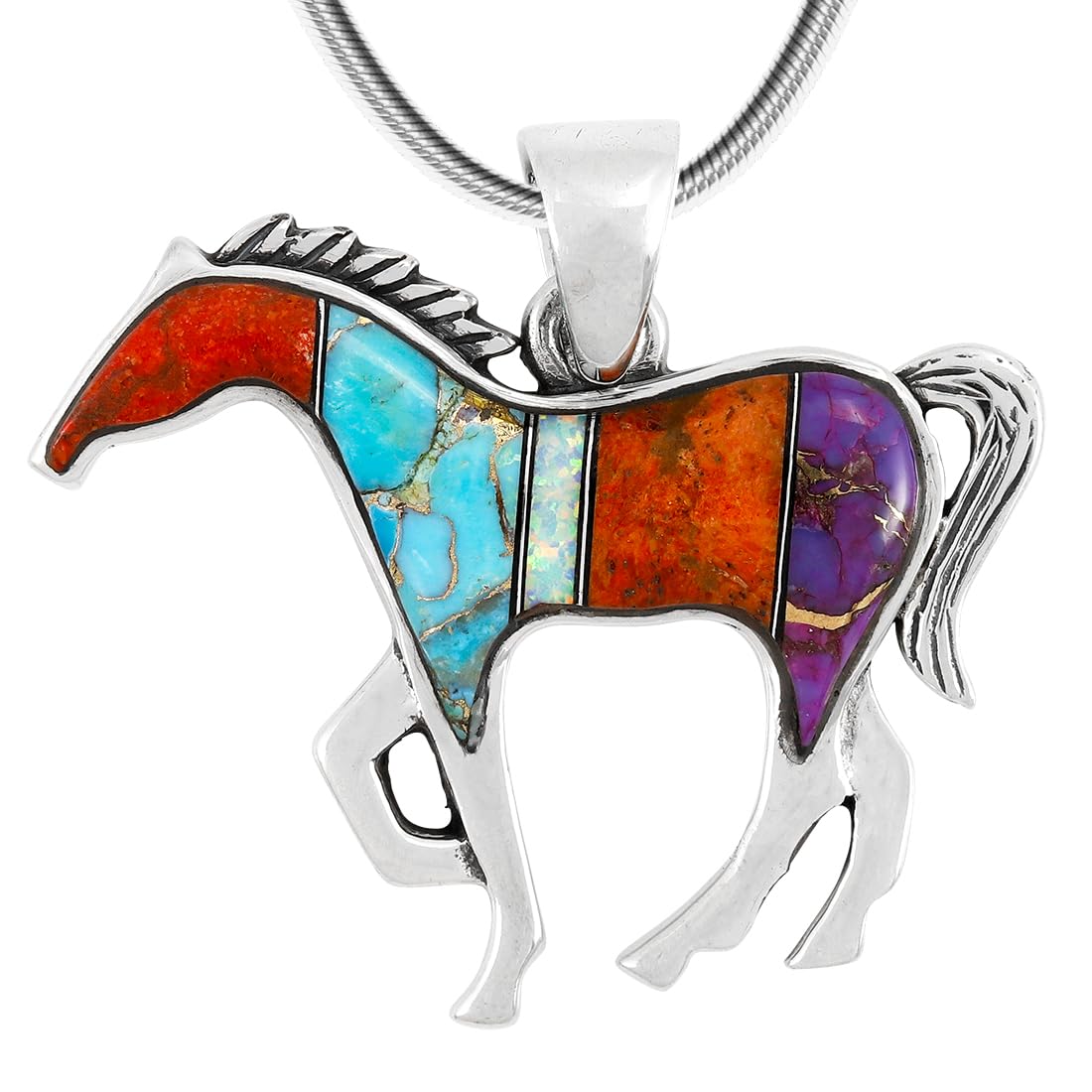 Horse Necklace Sterling Silver Genuine Turquoise & Gemstones with 20" Chain