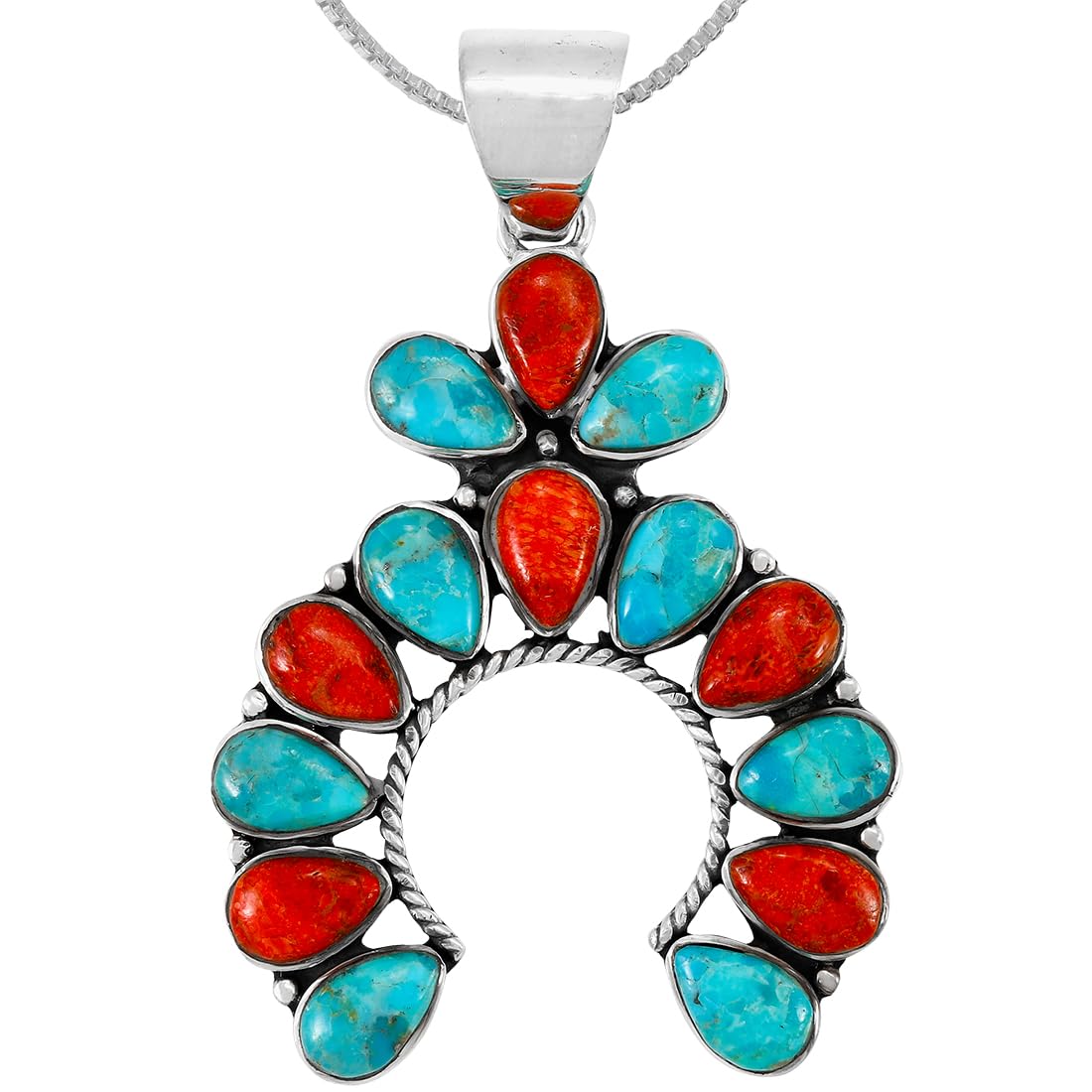 Turquoise Naja Necklace 925 Sterling Silver Pendant & 20" Chain Squash Blossom Style