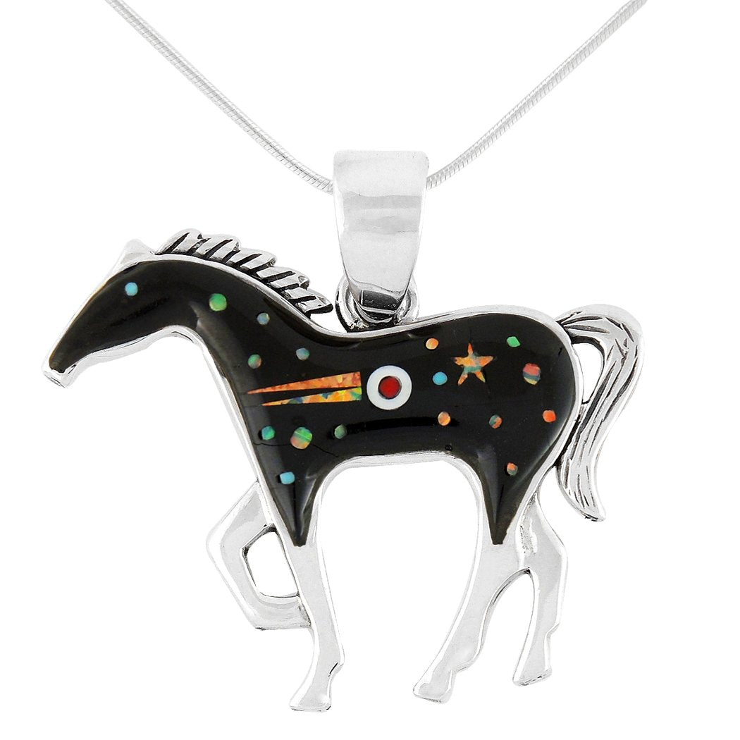 Horse Necklace Sterling Silver Genuine Turquoise & Gemstones with 20" Chain