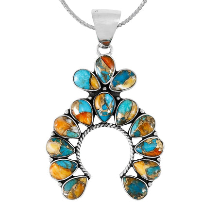 Turquoise Naja Necklace 925 Sterling Silver Pendant & 20" Chain Squash Blossom Style