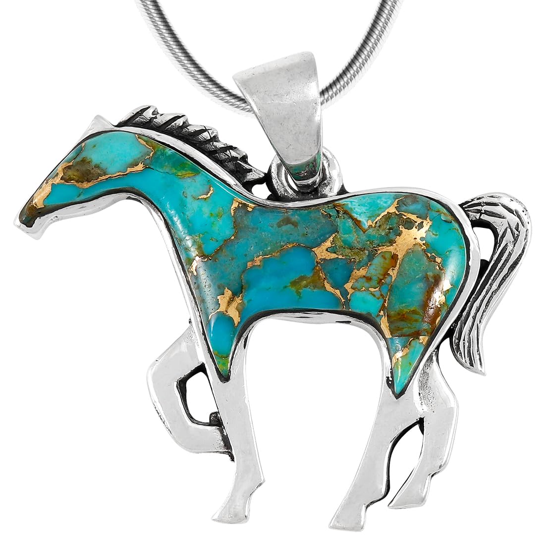 Horse Necklace Sterling Silver Genuine Turquoise & Gemstones with 20" Chain