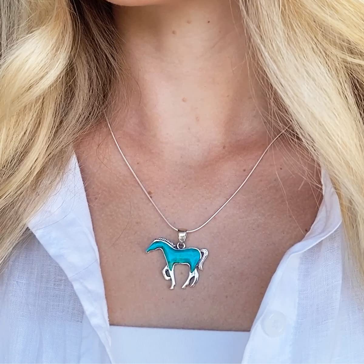 Horse Necklace Sterling Silver Genuine Turquoise & Gemstones with 20" Chain