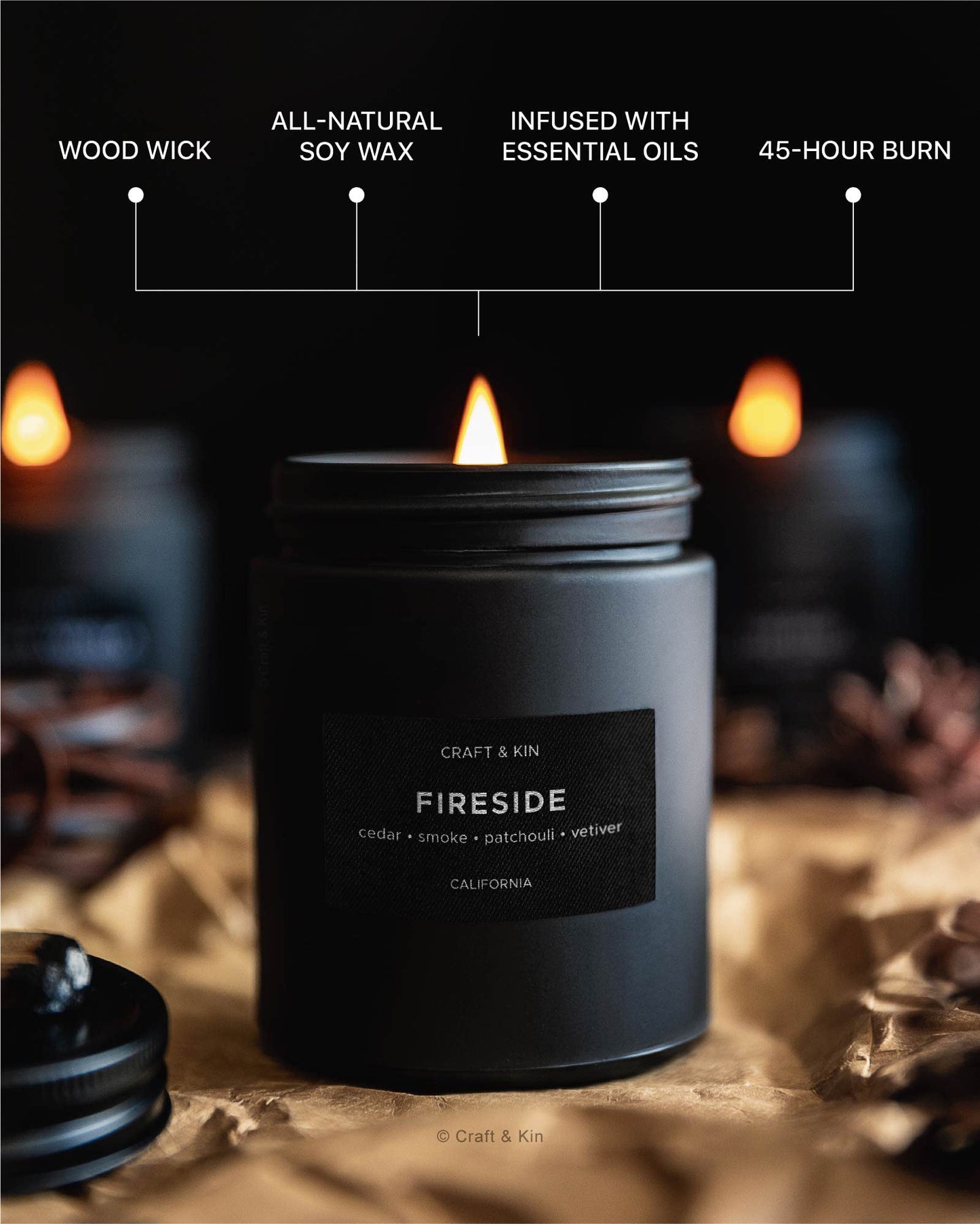 Craft & Kin Premium Smokey Fireside | Long Lasting with 45 Hour Burn Time - 7.6oz