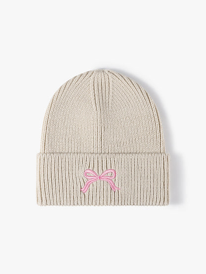 Embroidered Bow Knit Beanie Hat