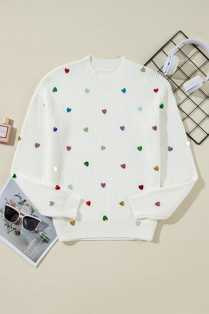 Beige Sequin Heart Shape Waffle Knit Round Neck Sweater