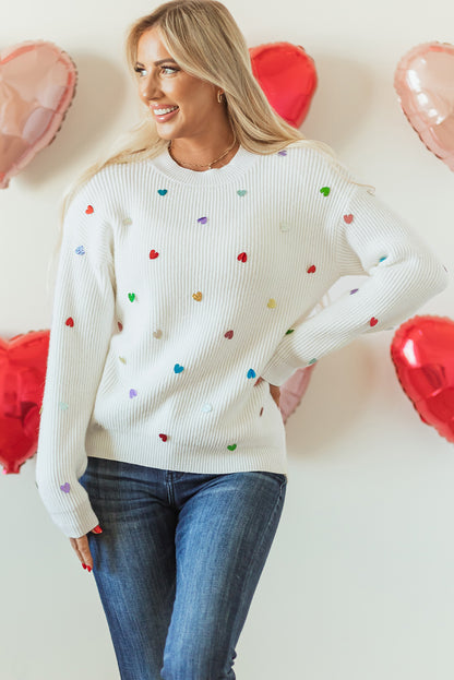 Beige Sequin Heart Shape Waffle Knit Round Neck Sweater