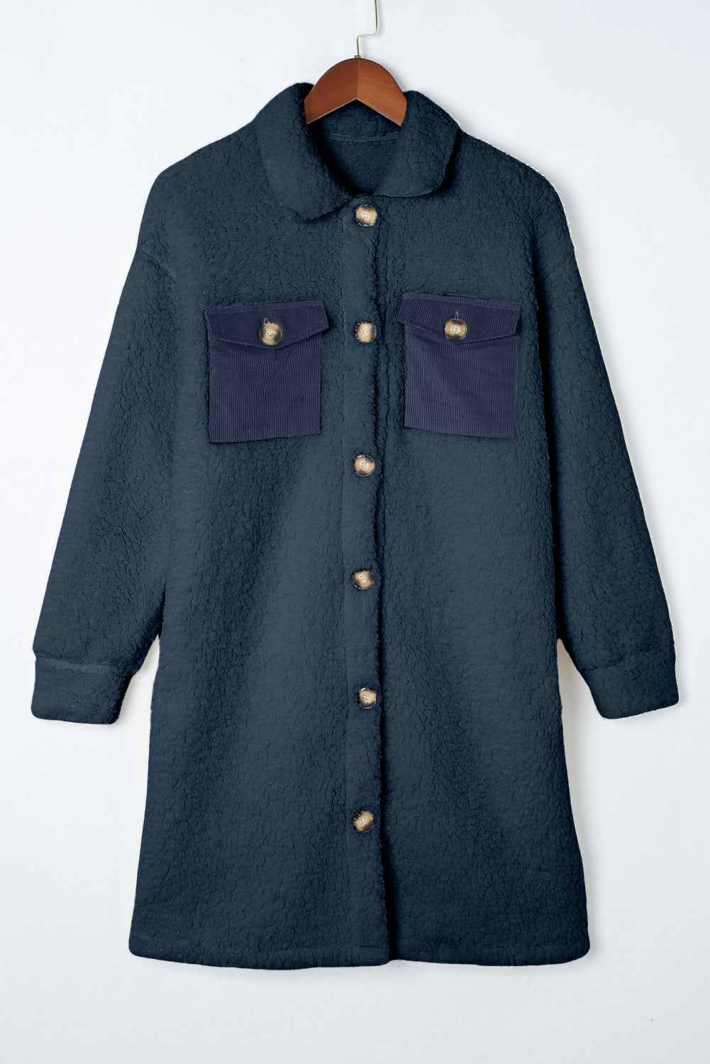 Blue Contrast Flap Pocket Single Breasted Teddy Coat/Jacket