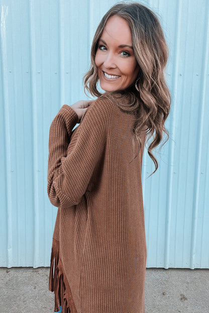 Coffee Waffle Knit Fringed High Low Loose Top