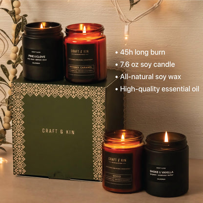 Craft & Kin Premium Smokey Fireside | Long Lasting with 45 Hour Burn Time - 7.6oz