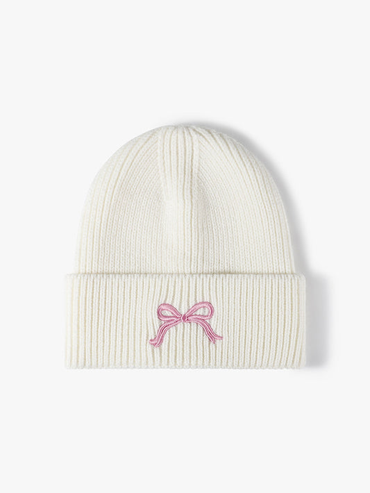 Embroidered Bow Knit Beanie Hat