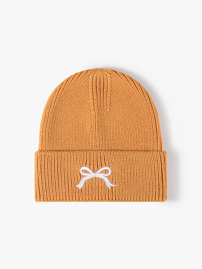 Embroidered Bow Knit Beanie Hat