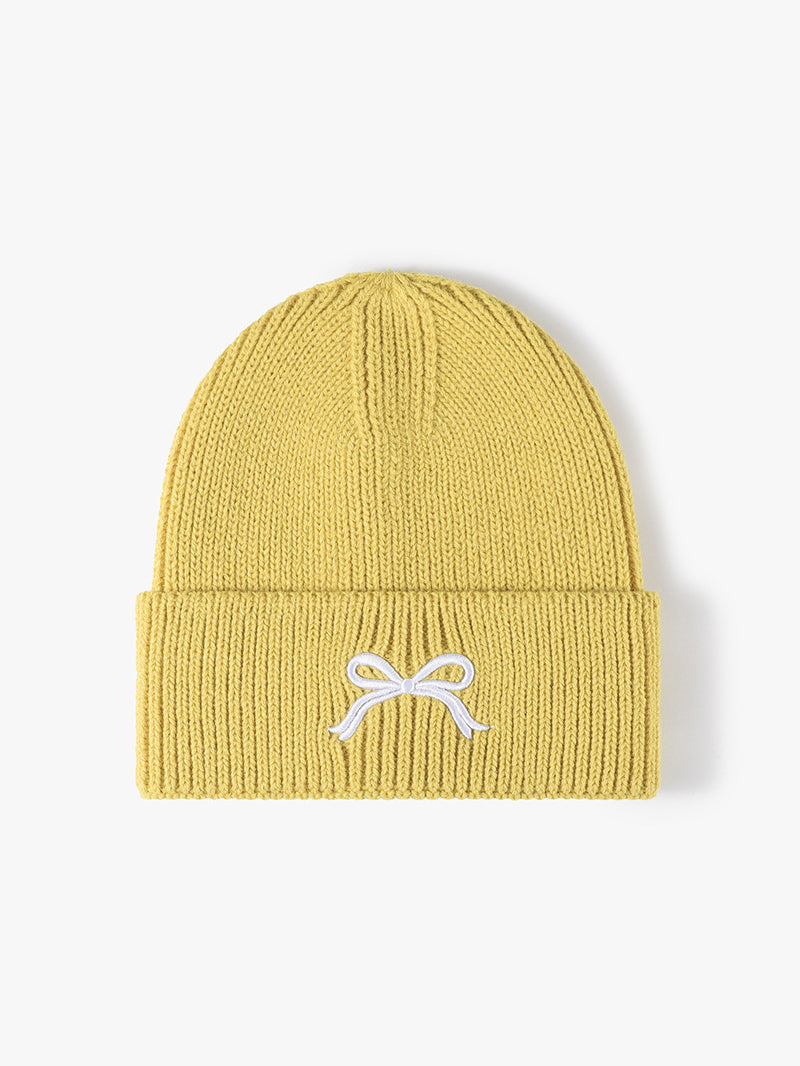 Embroidered Bow Knit Beanie Hat